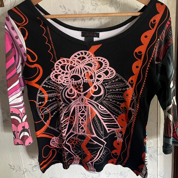 Custo Barcelona Black and Pink Graphic 3/4 Sleeve Blouse - Picture 2 of 5